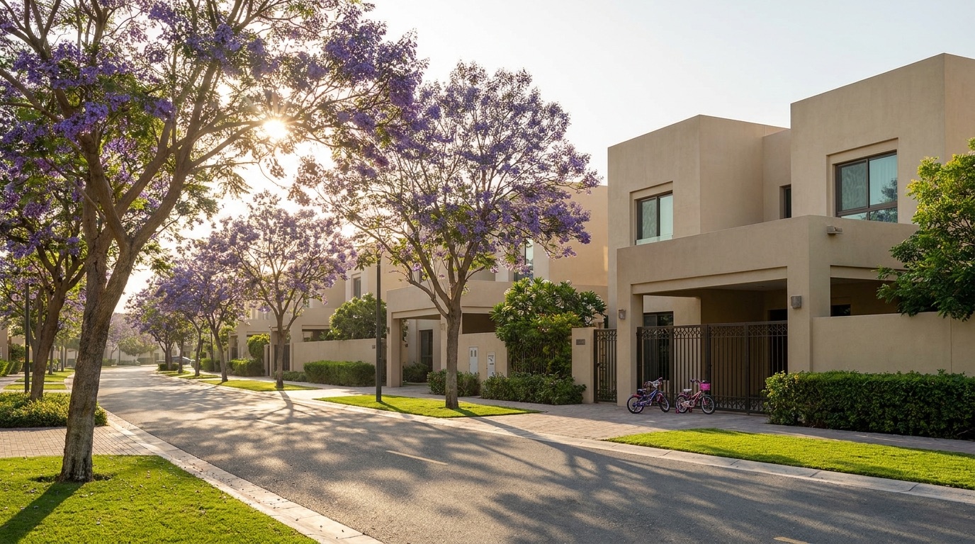 Tree-lined townhouse street