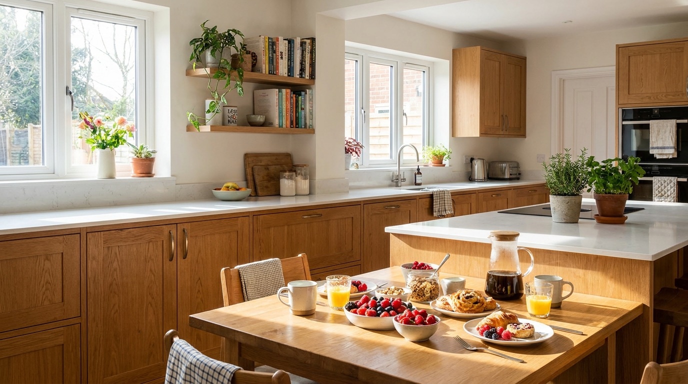 Bright family kitchen at breakfast